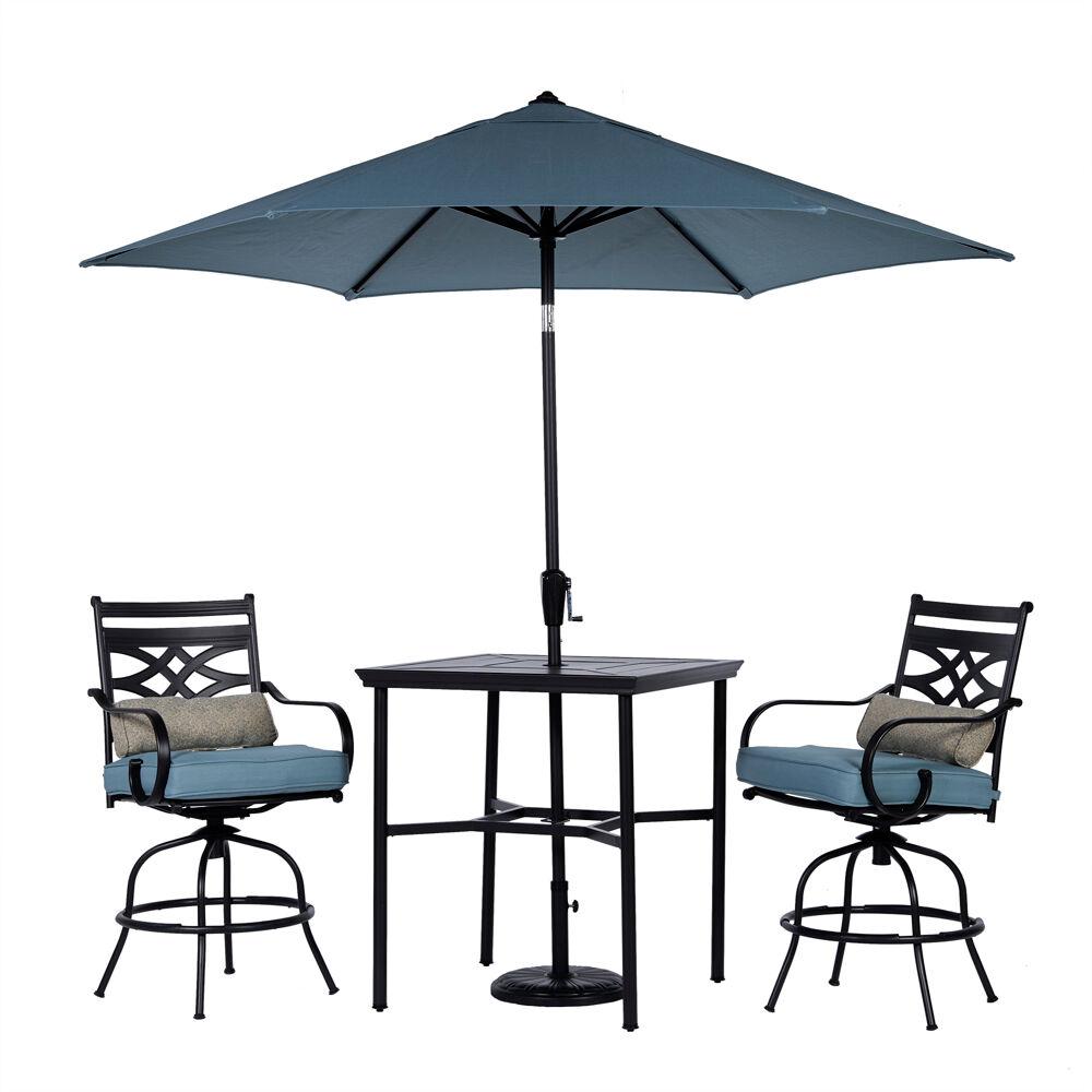 Montclair 3-Piece High-Dining Set in Ocean Blue with 2 Swivel Chairs, 33-Inch Square Table and 9-Ft. Umbrella. Picture 1