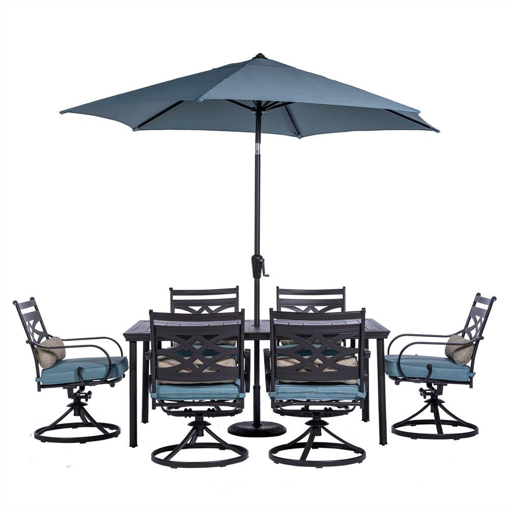 Montclair 7-Piece Dining Set in Ocean Blue with 6 Swivel Rockers, 40-In. x 66-In. Dining Table and 9-Ft. Umbrella. The main picture.