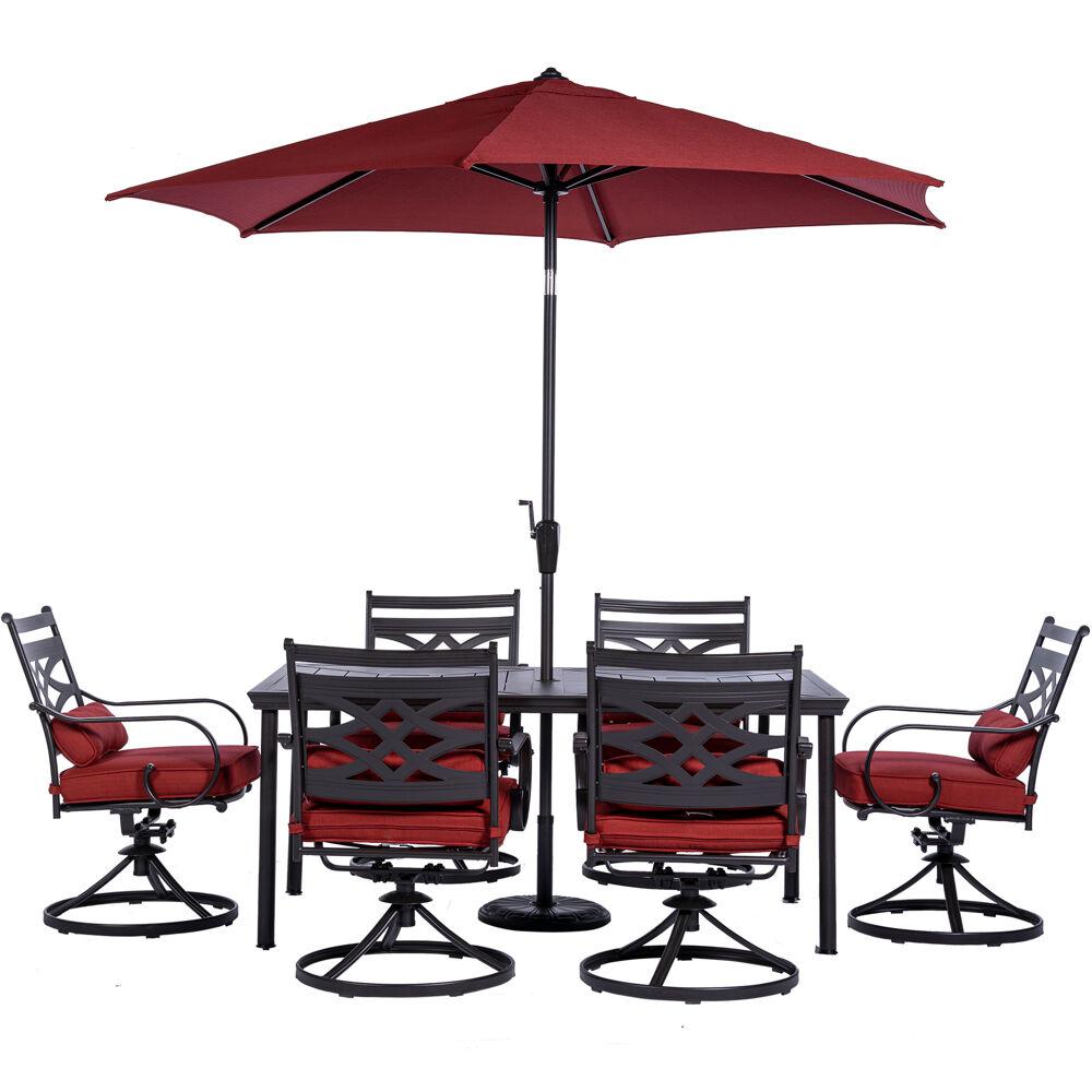 Montclair 7-Piece Dining Set in Chili Red with 6 Swivel Rockers, 40-In. x 66-In. Dining Table and 9-Ft. Umbrella. The main picture.