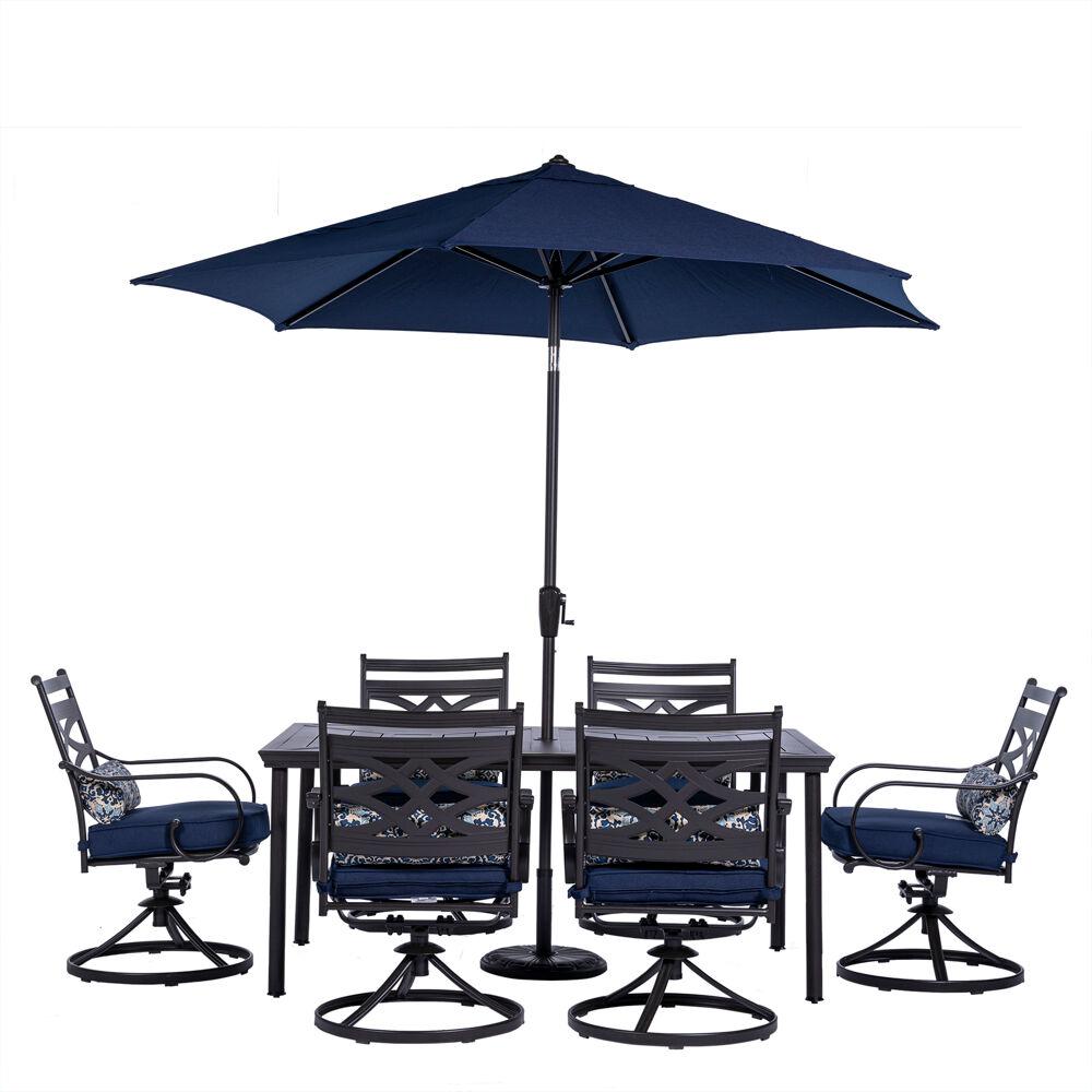 Montclair 7-Piece Dining Set in Navy Blue with 6 Swivel Rockers, 40-In. x 66-In. Dining Table and 9-Ft. Umbrella. The main picture.