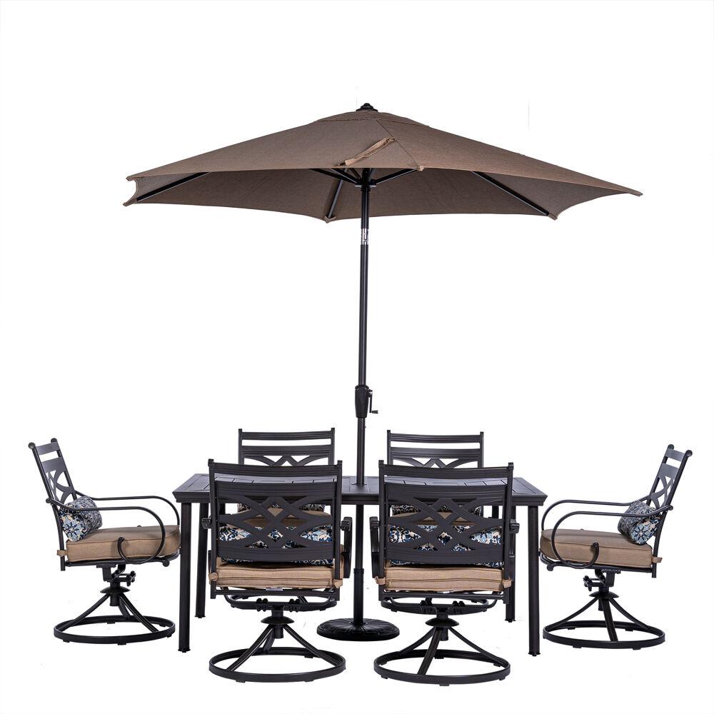 Montclair 7-Piece Dining Set in Tan with 6 Swivel Rockers, 40-In. x 66-In. Dining Table and 9-Ft. Umbrella. The main picture.