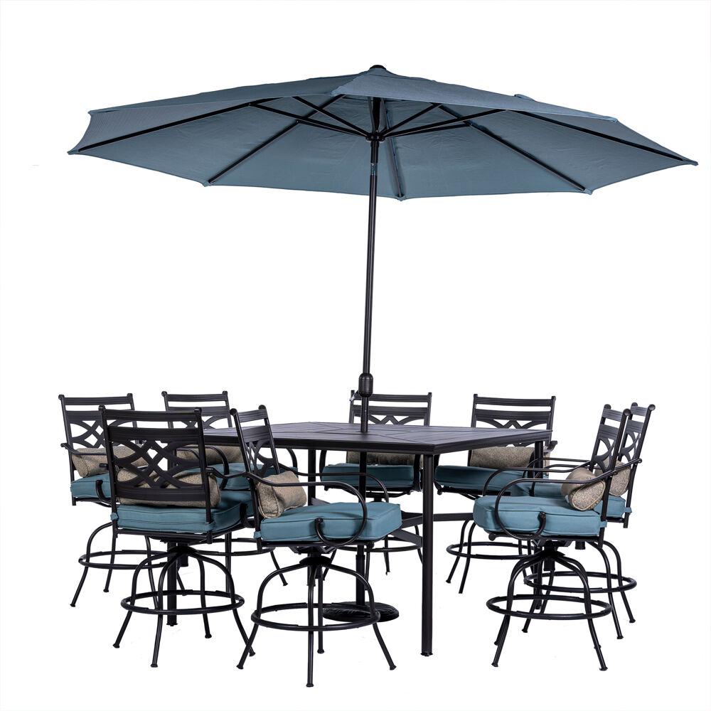 Montclair 9-Piece High-Dining Set in Ocean Blue with 8 Counter-Height Swivel Rockers, 60-In. Square Table and 11-Ft. Umbrella. Picture 1