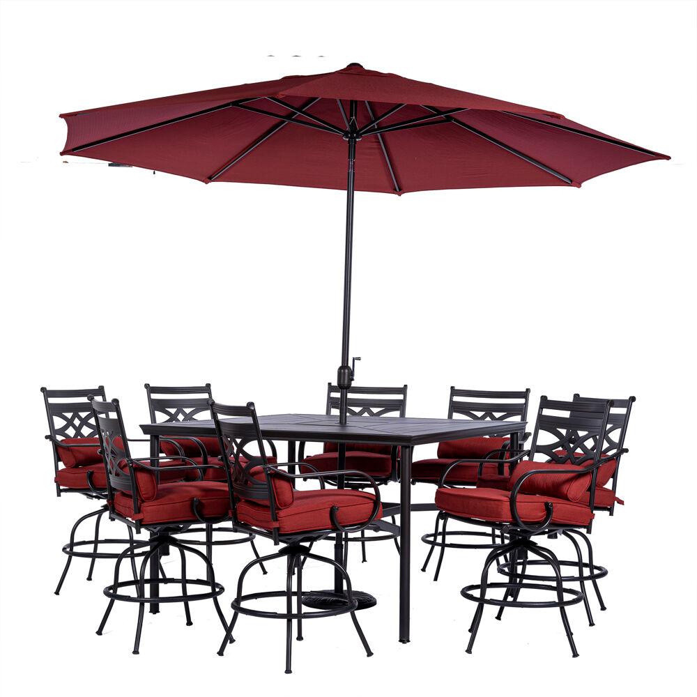 Montclair 9-Piece High-Dining Set in Chili Red with 8 Counter-Height Swivel Rockers, 60-In. Square Table and 11-Ft. Umbrella. The main picture.