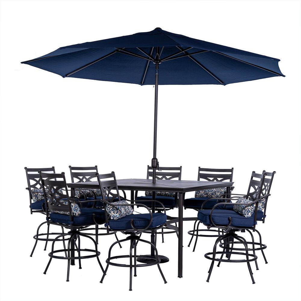 Montclair 9-Piece High-Dining Set in Navy Blue with 8 Counter-Height Swivel Rockers, 60-In. Square Table and 11-Ft. Umbrella. Picture 1