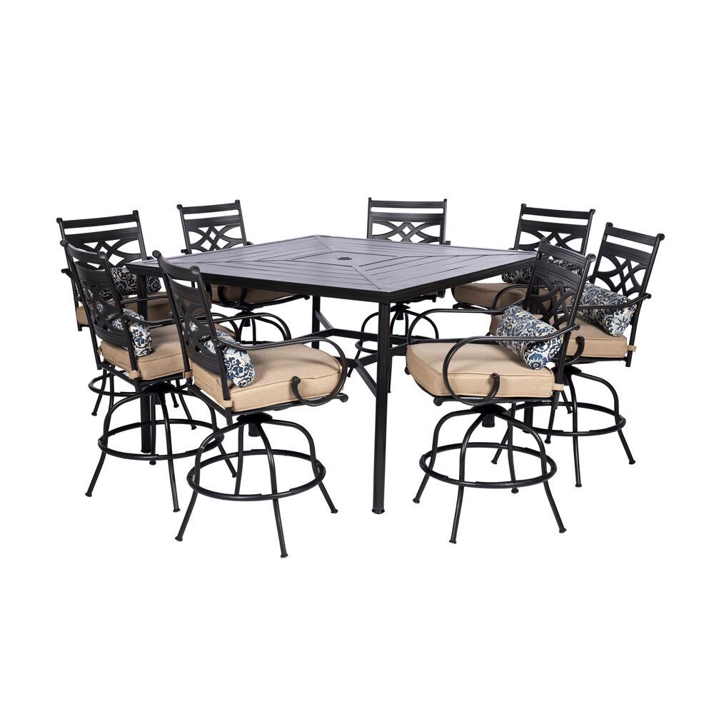 Montclair 9-Piece High-Dining Set in Tan with 8 Counter-Height Swivel Chairs and 60-Inch Square Table. The main picture.