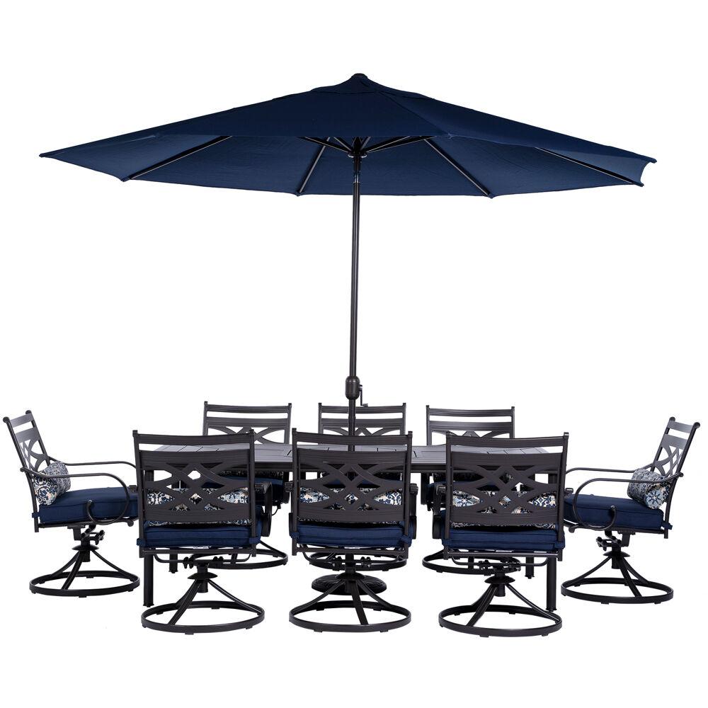 Montclair 9-Piece Dining Set in Navy Blue with 8 Swivel Rockers, 42-In. x 84-In. Table, 11 Ft. Umbrella and Umbrella Stand. Picture 1