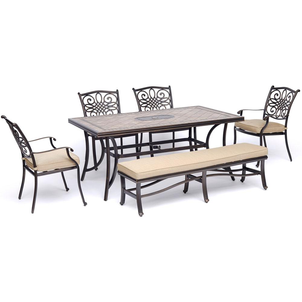 Monaco6pc: 4 Cush Dining Chairs, Backless Cush Bench, 40x68" Tile Tbl. The main picture.