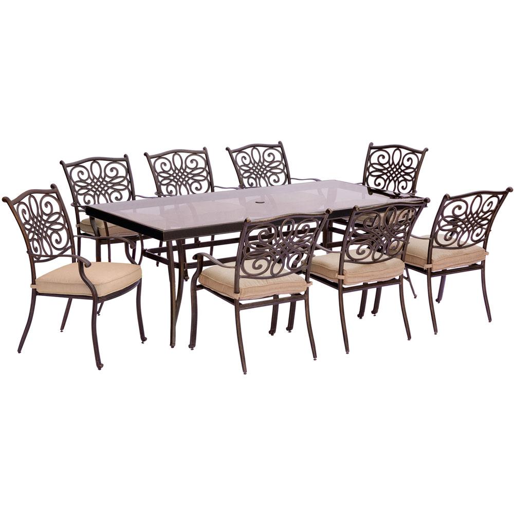 Traditions9pc: 8 Dining Chairs, 42x84" Glass Top Table. Picture 1