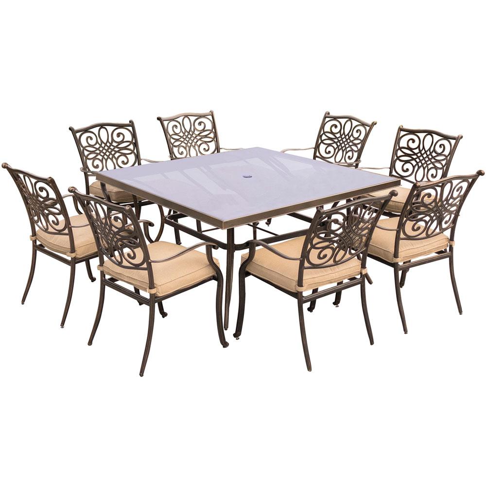 Traditions9pc: 8 Dining Chairs, 60" Square Glass Top Table. The main picture.
