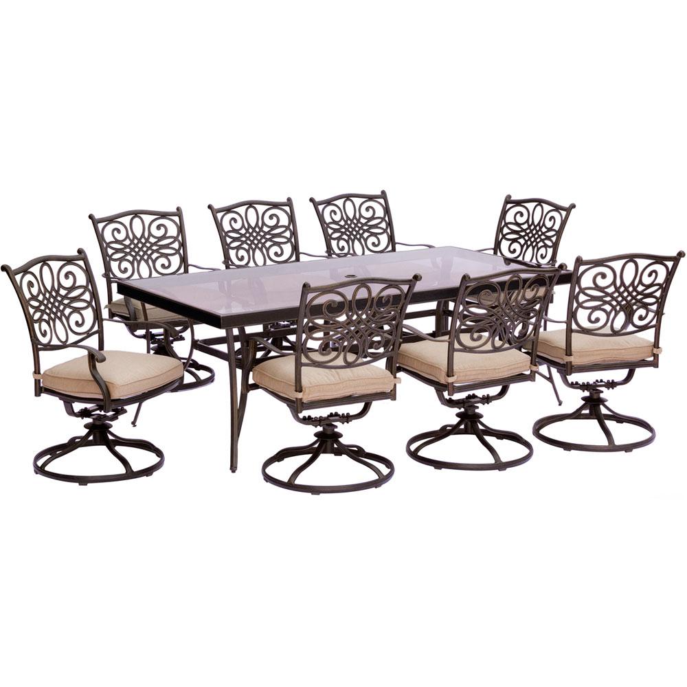 Traditions9pc: 8 Swivel Rockers, 42x84" Glass Top Table. Picture 1