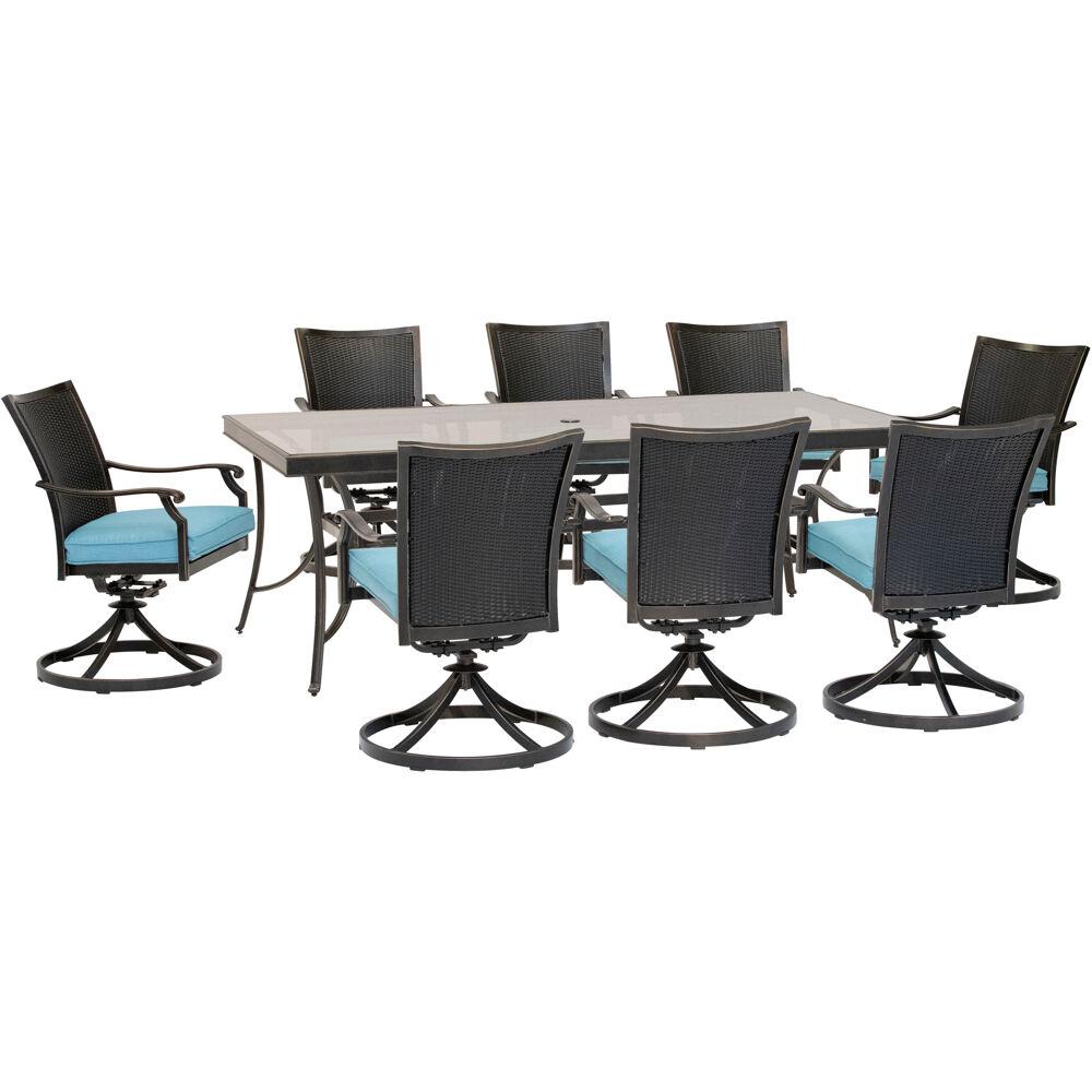 Traditions9pc: 8 Wicker Back Swivel Rockers, 42"x84" Glass Table. The main picture.