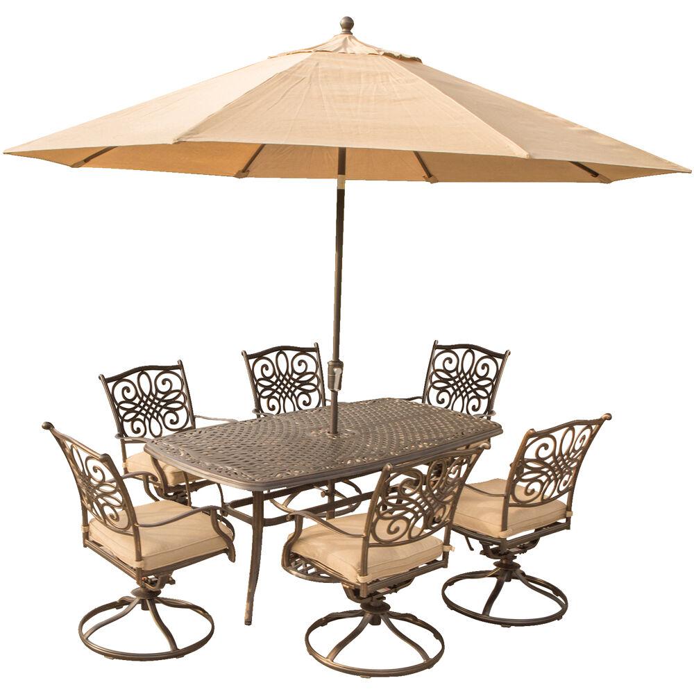 Traditions7pc: 6 Swivel Rockers, 38x72" Cast Table, Umbrella, Base. Picture 1