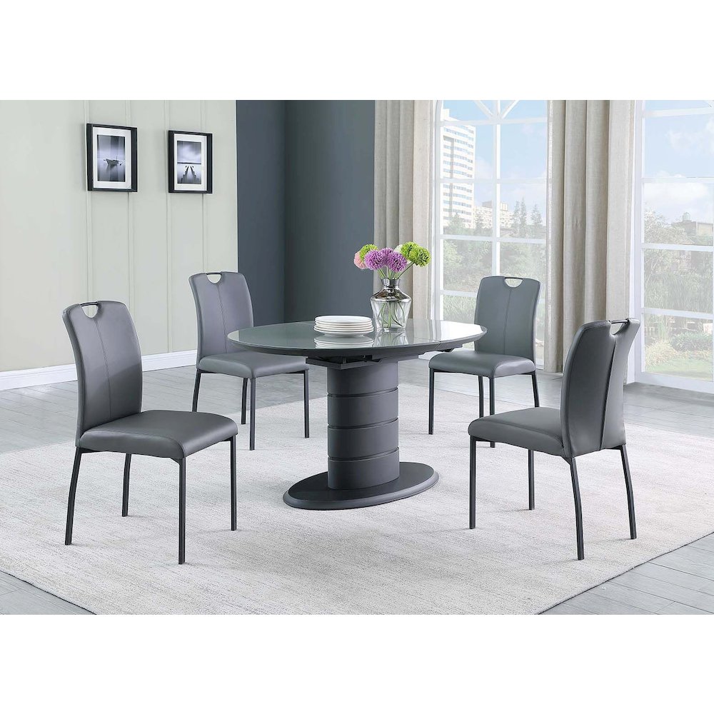 Contemporary Dining Set w/ Extendable Top, Art Deco Base & 4 Handle Back Chairs. Picture 3