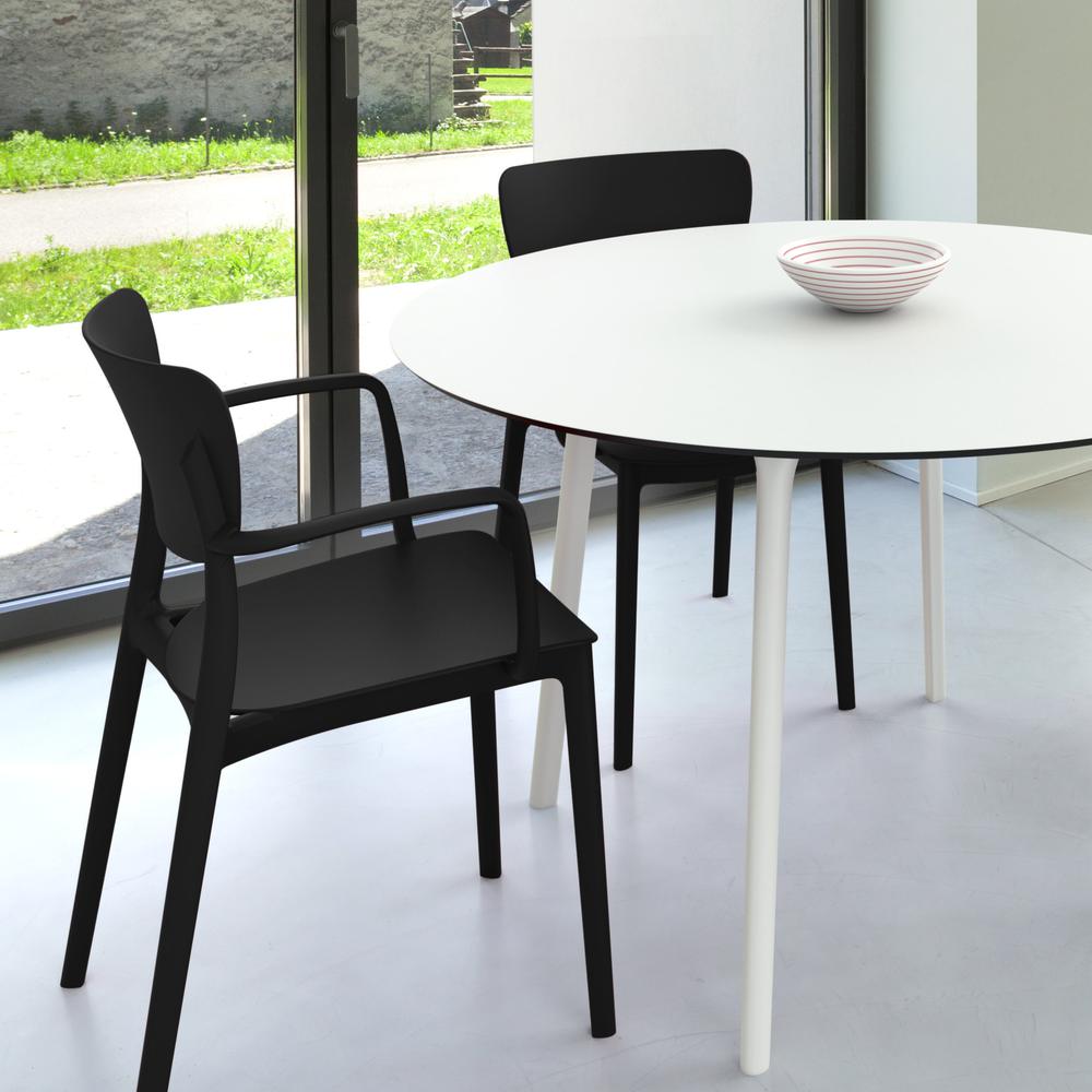 Lisa Round Dining Set with 47 inch White Table and Black Armcairs. Picture 2