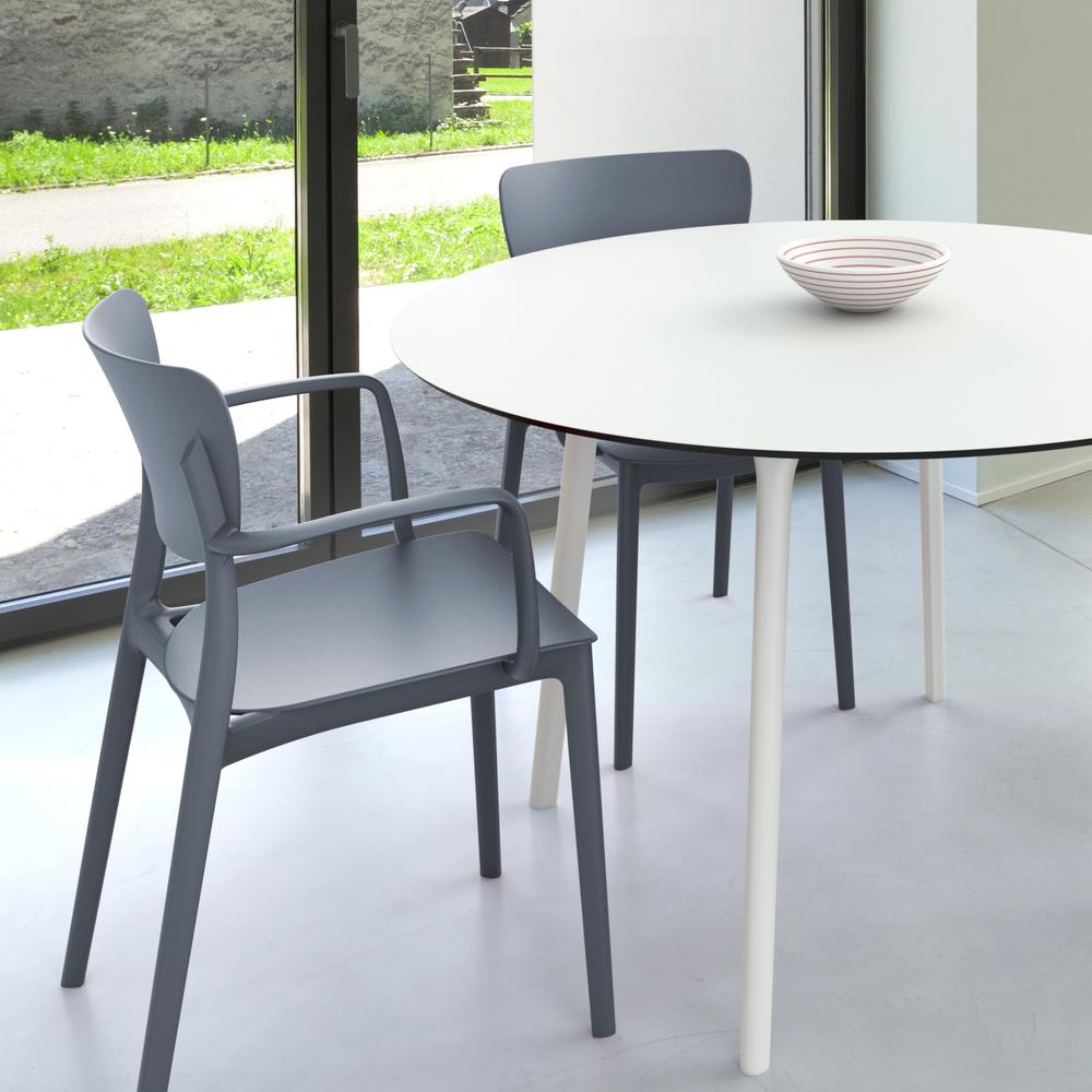 Lisa Round Dining Set with 47 inch White Table and Dark Gray Armcairs. Picture 2