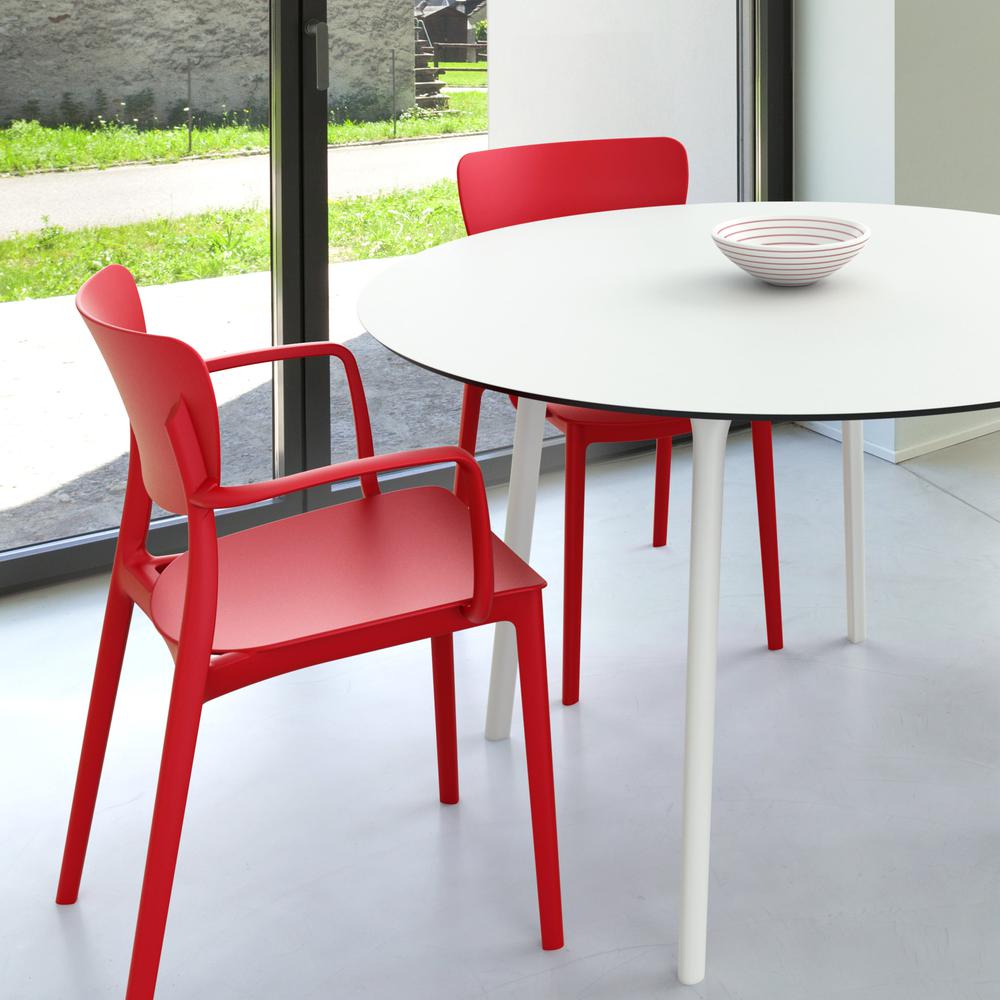 Lisa Round Dining Set with 47 inch White Table and Red Armcairs. Picture 2
