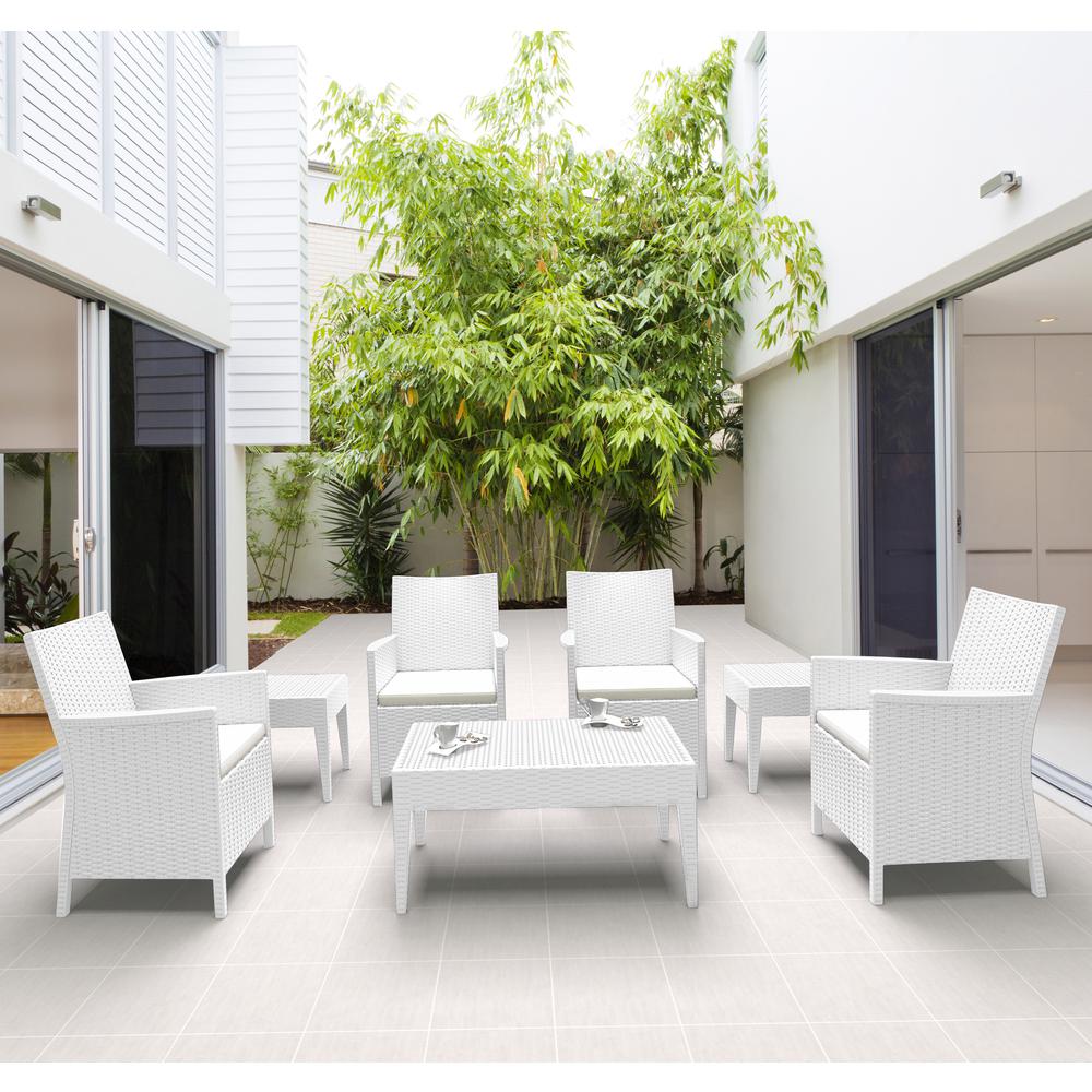 California Wickerlook Casual Seating set 7 Piece White with Sunbrella Natural Cushion. Picture 1