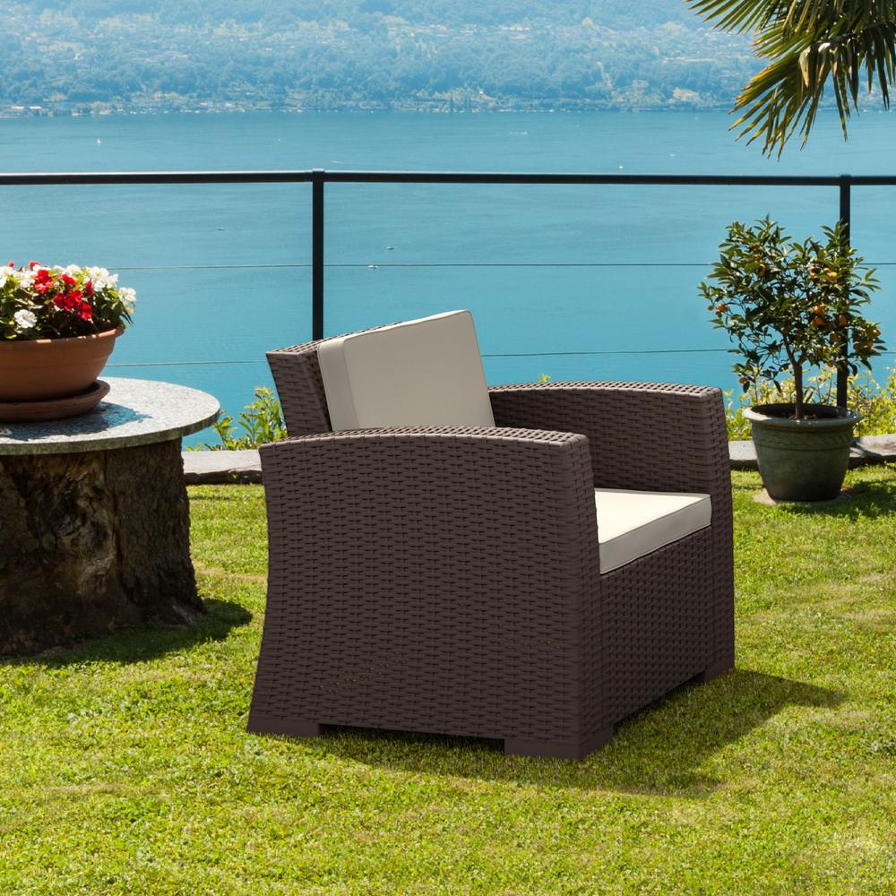 Monaco Resin Patio Club Chair Brown with Sunbrella Natural Cushion. Picture 18