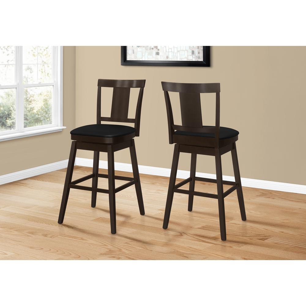 Bar Stool, Set Of 2, Swivel, Bar Height, Brown Wood, Black Leather Look. Picture 2