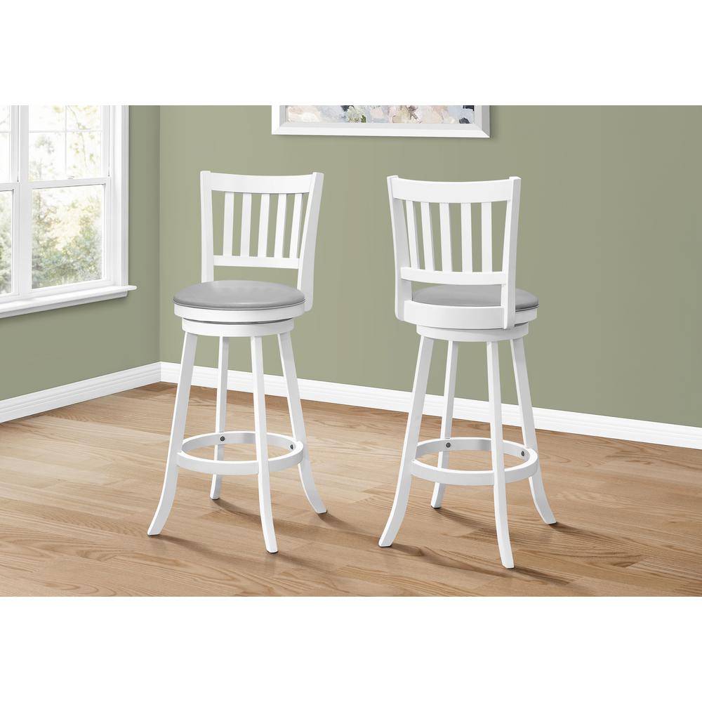 Bar Stool, Set Of 2, Swivel, Bar Height, White Wood, Grey Leather Look. Picture 2