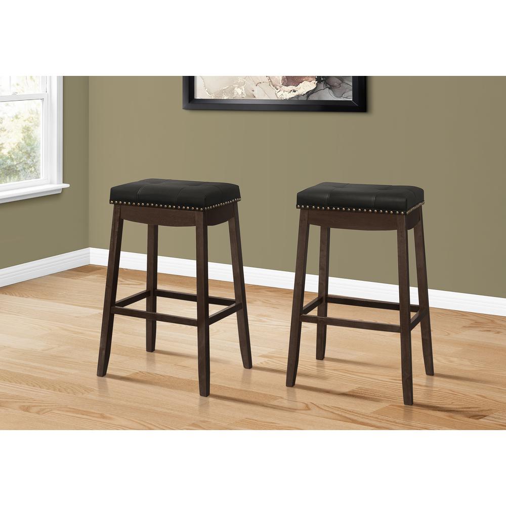 Bar Stool, Set Of 2, Bar Height, Saddle Seat, Brown Wood, Black Leather Look. Picture 2