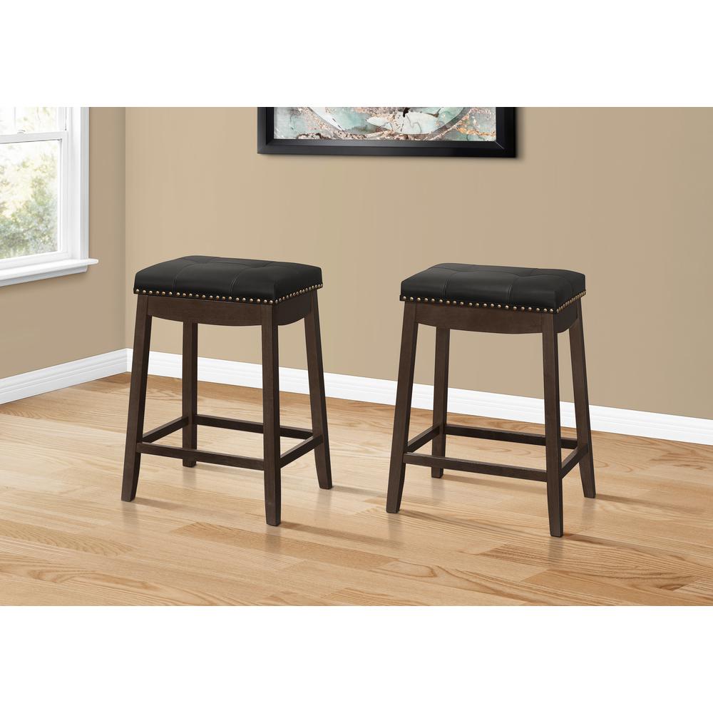 Bar Stool, Set Of 2, Counter Height, Saddle Seat, Kitchen, Brown Wood. Picture 2