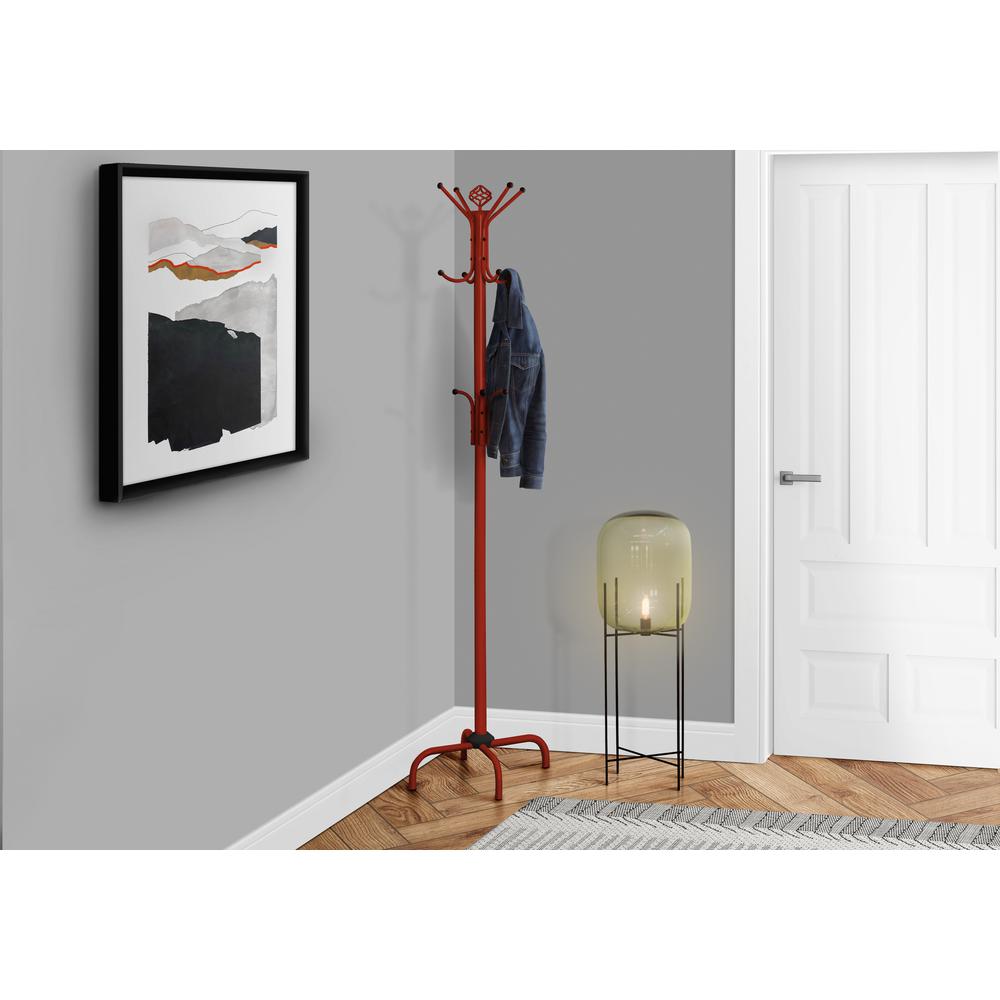 Coat Rack, Hall Tree, Free Standing, 12 Hooks, Entryway, 70H, Bedroom, Red. Picture 2