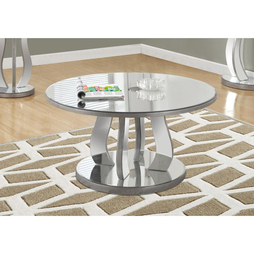 Coffee Table, Accent, Cocktail, Round, Living Room, 36dia, Clear Mirror, Grey. Picture 2