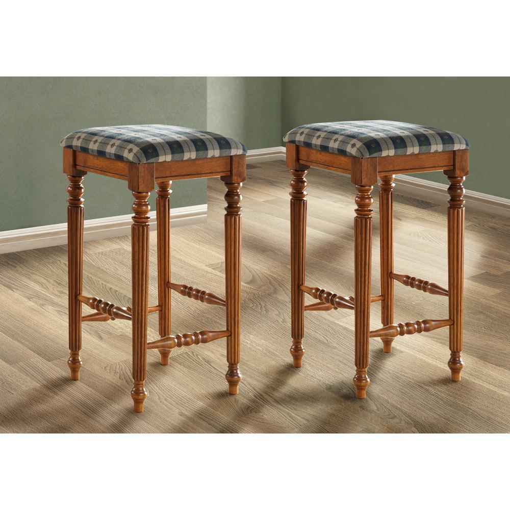 Bar Stool, Set Of 2, Bar Height, Brown Wood, Green Fabric, Traditional. Picture 2
