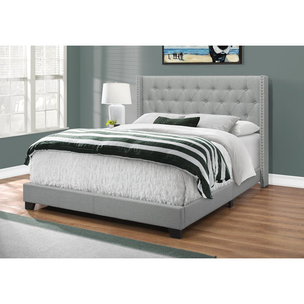 Bed, Queen Size, Bedroom, Upholstered, Grey Linen Look, Chrome Trim. Picture 2