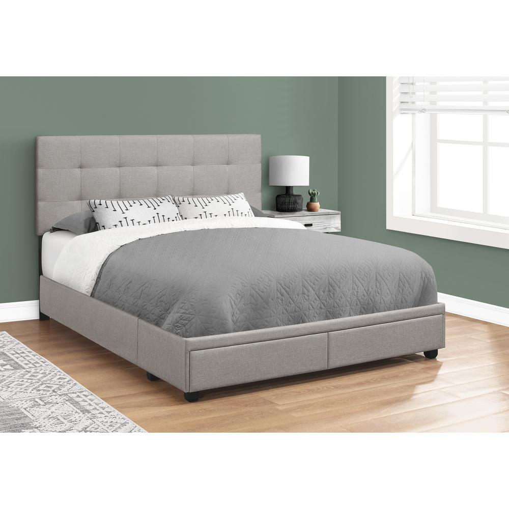 ="Bed, Queen Size, Bedroom, Upholstered, Grey Linen Look, Wood Legs, Transition. Picture 8