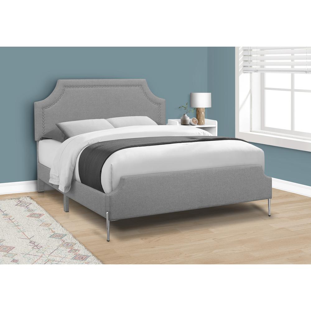 Bed, Queen Size, Bedroom, Upholstered, Grey Linen Look, Chrome. Picture 8