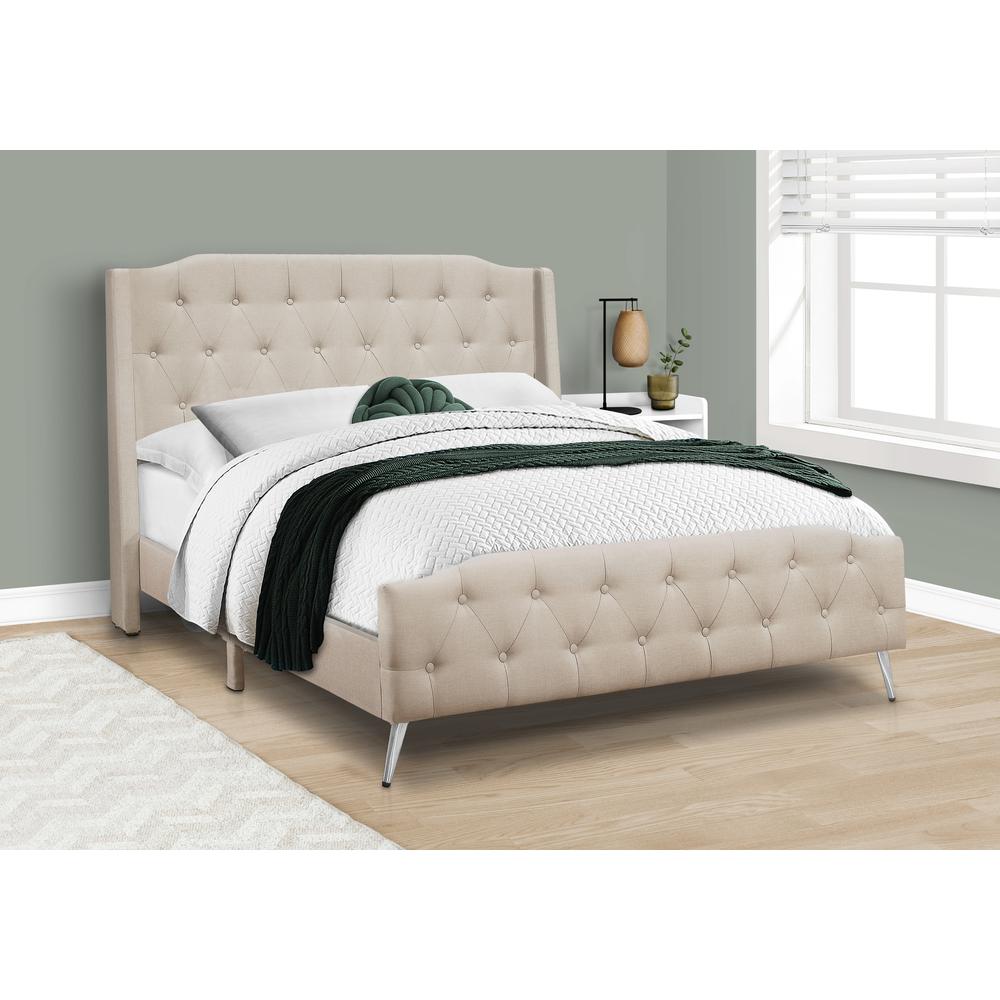 Bed, Queen Size, Bedroom, Upholstered, Beige Linen Look, Chrome. Picture 2
