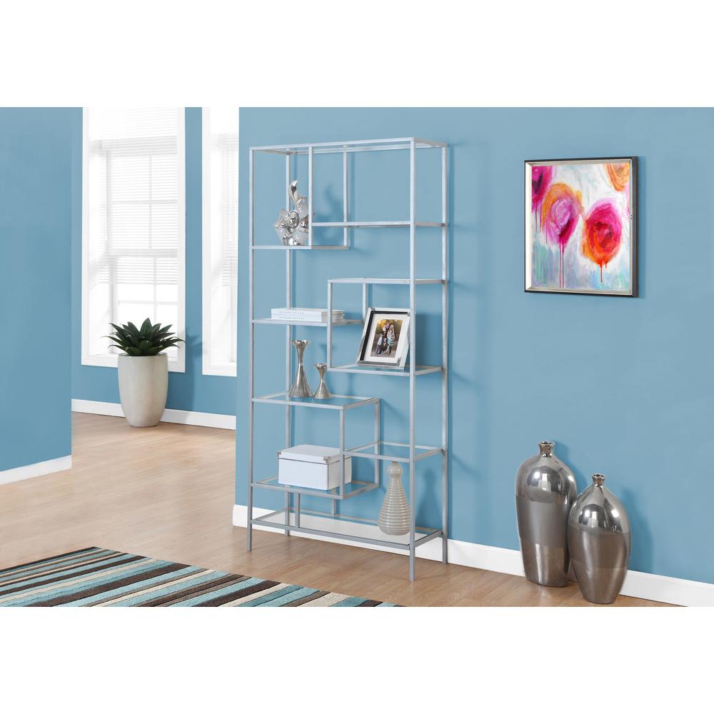 Bookshelf, Bookcase, Etagere, 72H, Office, Bedroom, Clear Tempered Glass, Grey. Picture 2