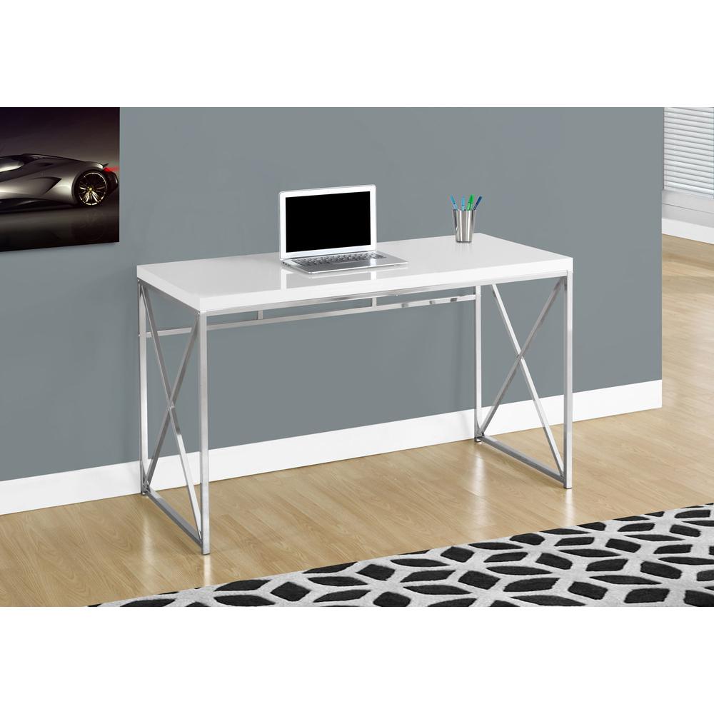 Computer Desk, Home Office, Laptop, Work, Glossy White Laminate, Chrome. Picture 2