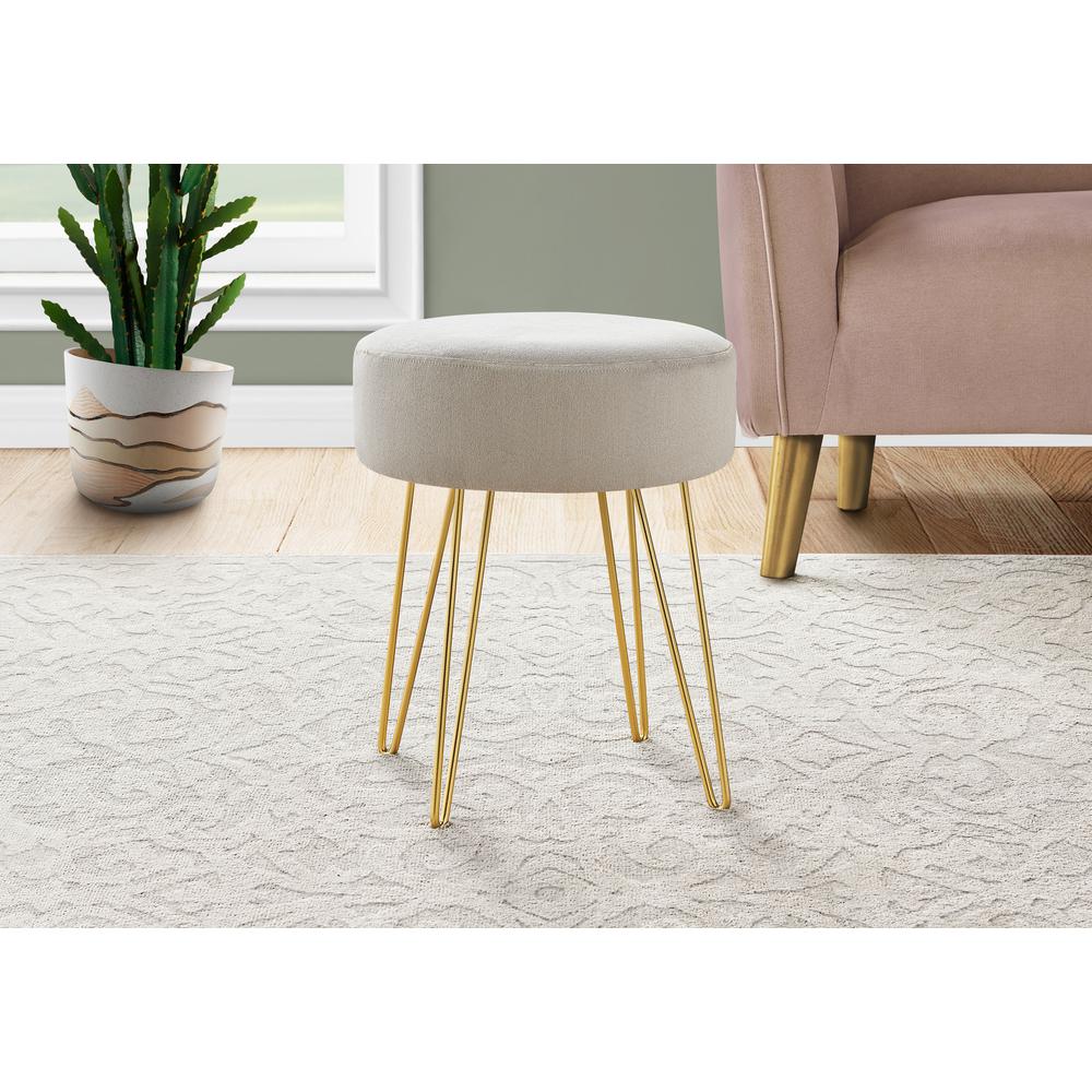 Ottoman, Pouf, Footrest, Foot Stool, 14 Round, Beige Fabric, Gold. Picture 2