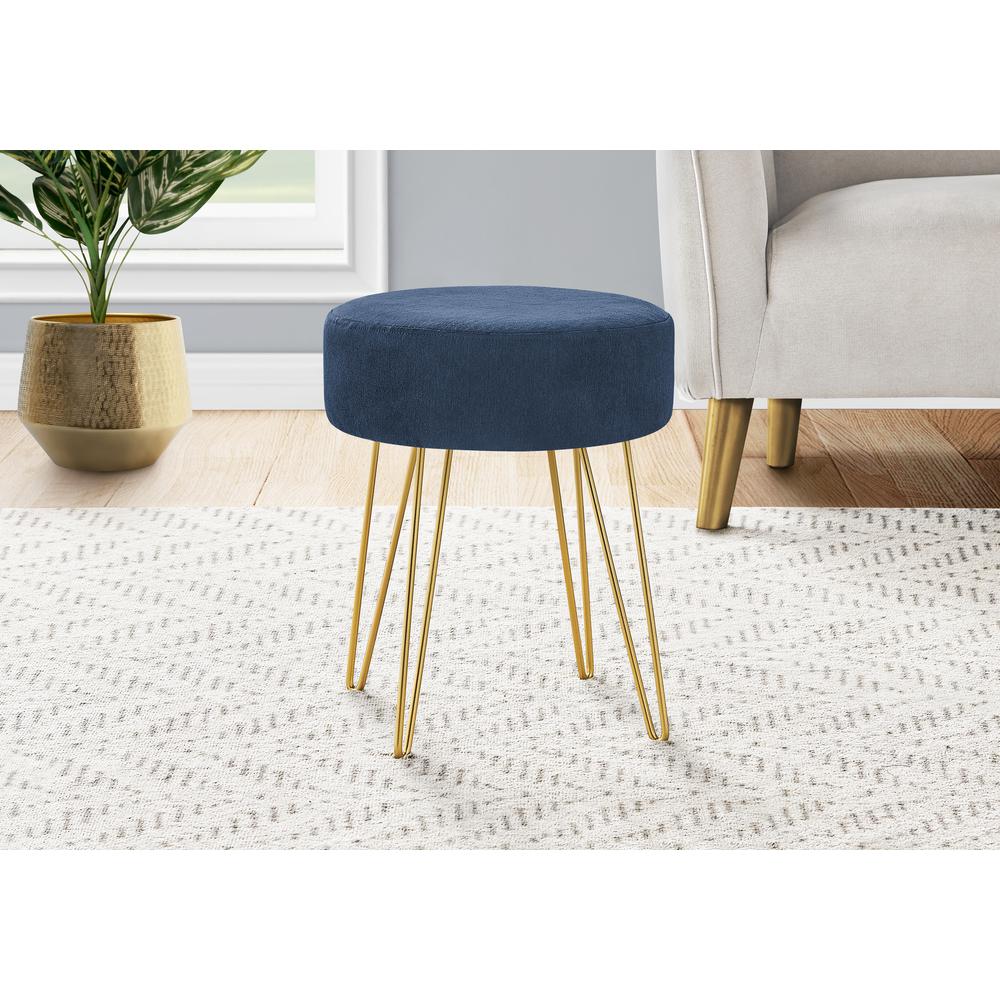 Ottoman, Pouf, Footrest, Foot Stool, 14 Round, Blue Fabric, Gold. Picture 2