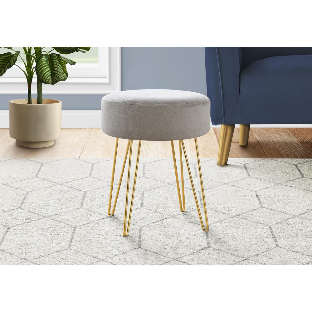 Ottoman, Pouf, Footrest, Foot Stool, 14 Round, Grey Fabric, Gold. Picture 2