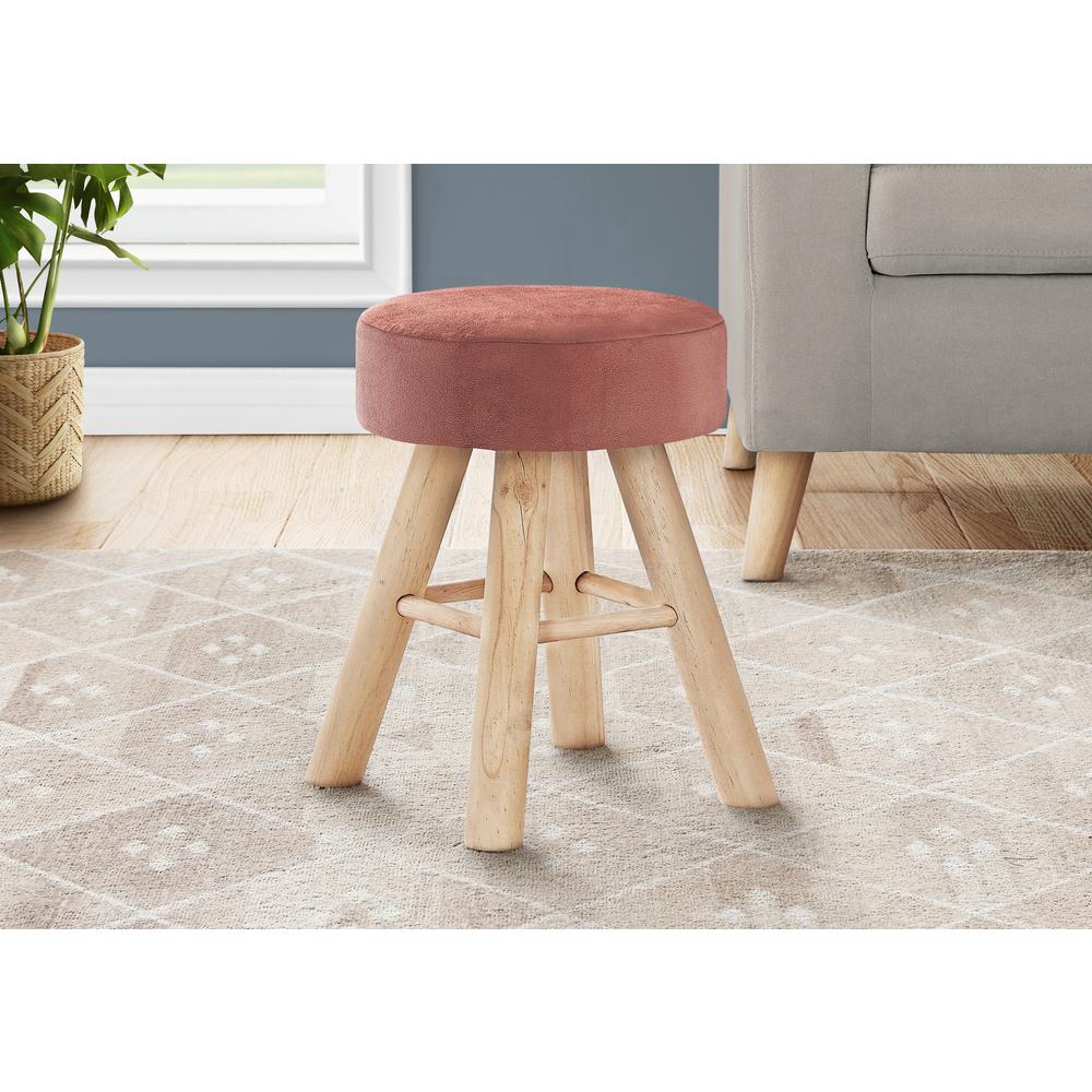 Ottoman, Pouf, Footrest, Foot Stool, 12 Round, Pink Velvet, Natural Wood Legs. Picture 2