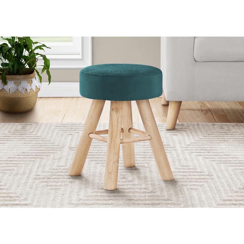 Ottoman, Pouf, Footrest, Foot Stool, 12 Round, Green Velvet, Natural Wood Legs. Picture 2