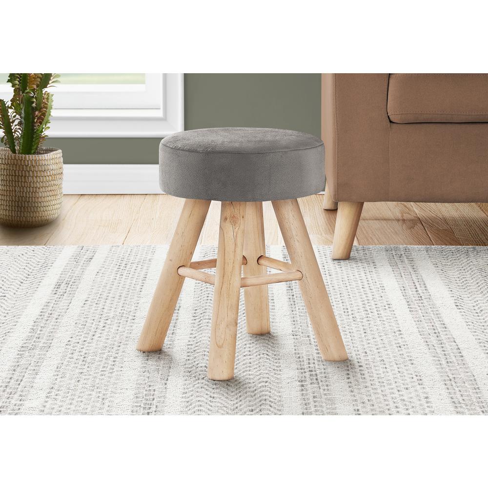 Ottoman, Pouf, Footrest, Foot Stool, 12 Round, Grey Velvet, Natural Wood Legs. Picture 2
