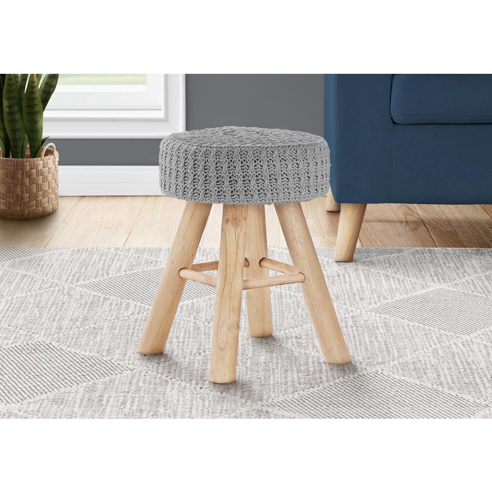 Ottoman, Pouf, Footrest, Foot Stool, 12 Round, Grey Velvet, Natural Wood Legs. Picture 2