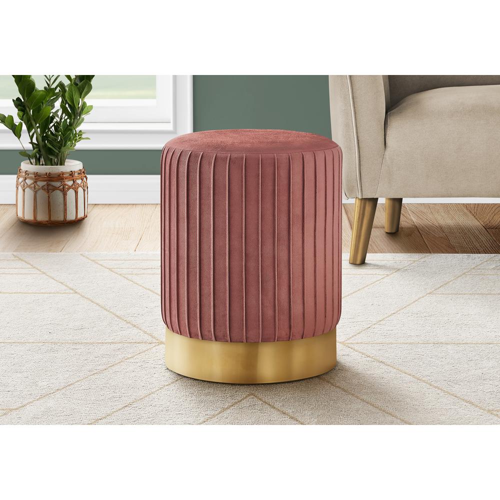 Ottoman, Pouf, Footrest, Foot Stool, 14 Round, Pink Velvet, Gold. Picture 2