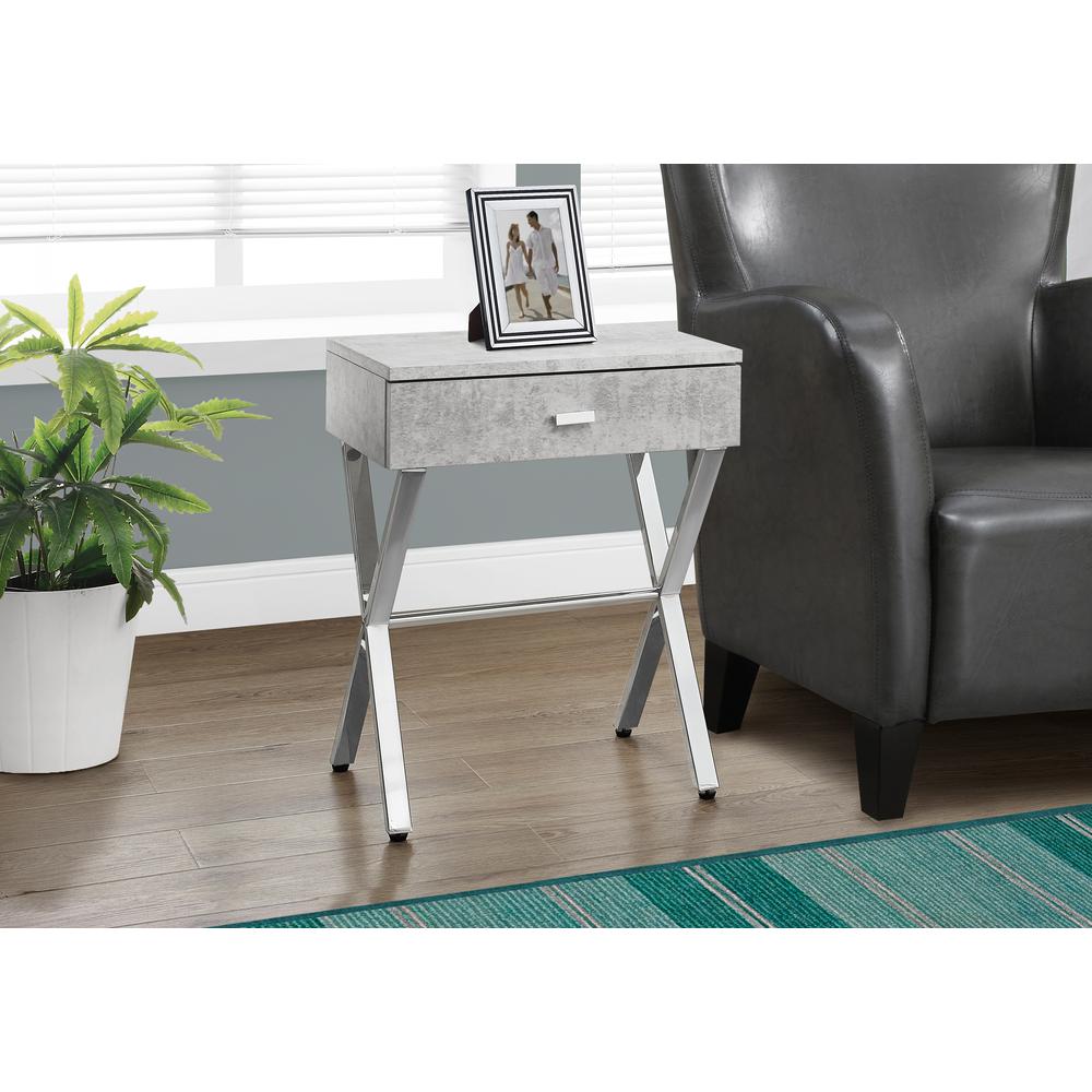 SIDE ACCENT TABLE - 24"H / GREY CEMENT / CHROME METAL WITH DRAWER. Picture 2