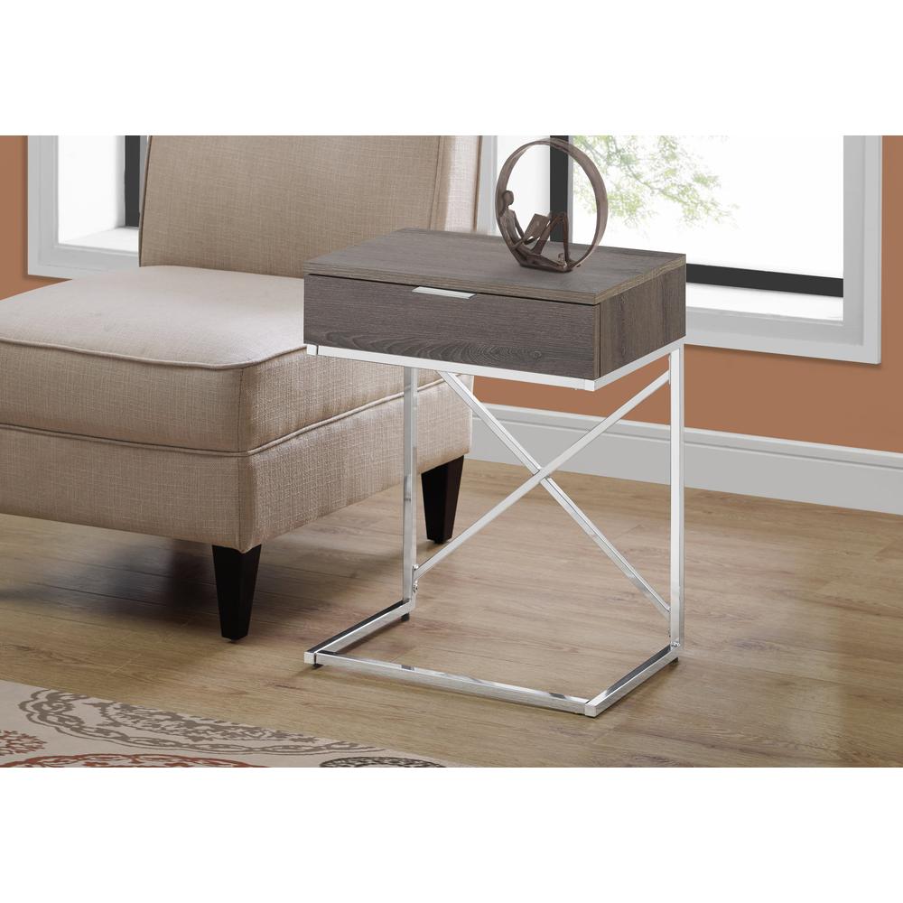 ACCENT END TABLE - 24"H / DARK TAUPE / CHROME METAL WITH DRAWER. Picture 2