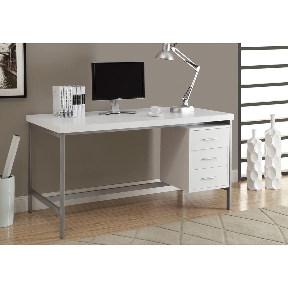 COMPUTER DESK - 60"L / WHITE / SILVER METAL WITH 3 DRAWERS. Picture 2