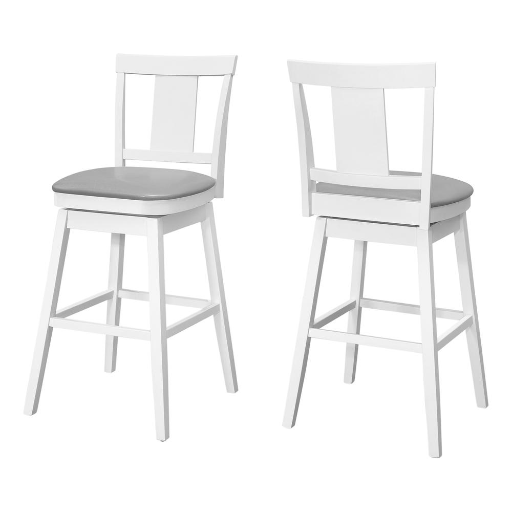 Bar Stool, Set Of 2, Swivel, Bar Height, White Wood, Grey Leather Look. Picture 1