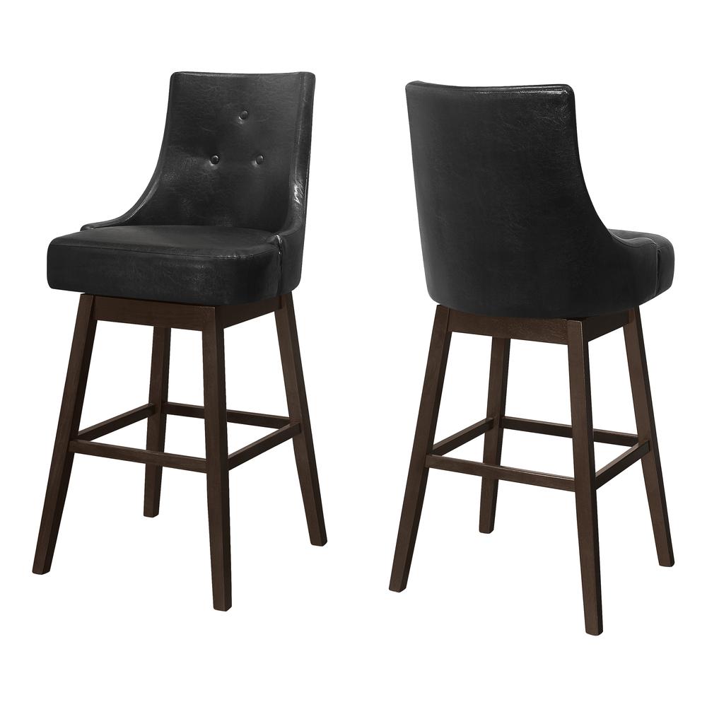 Bar Stool, Set Of 2, Swivel, Bar Height, Brown Wood, Black Leather Look. Picture 1