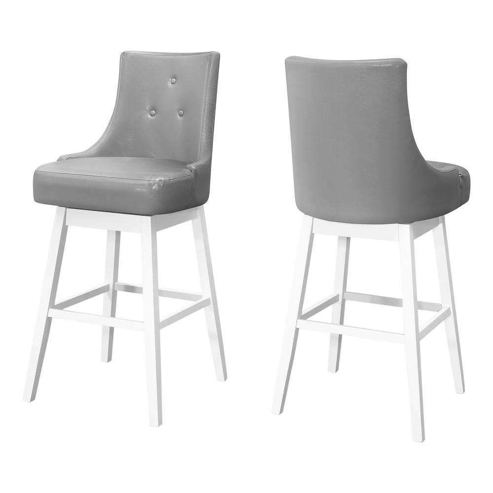 Bar Stool, Set Of 2, Swivel, Bar Height, White Wood, Grey Leather Look. Picture 1