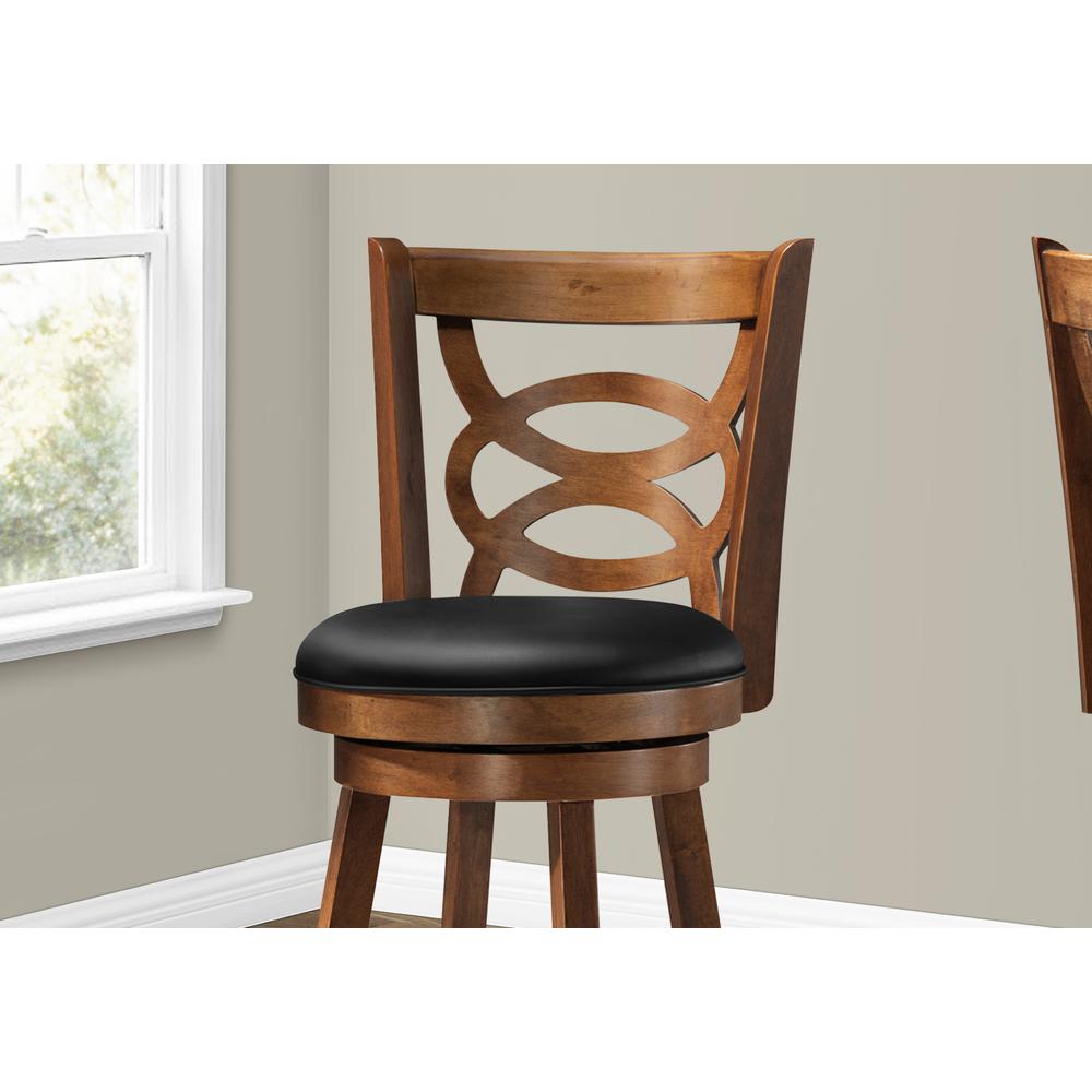 Bar Stool, Set Of 2, Swivel, Bar Height, Brown Wood, Black Leather Look. Picture 3